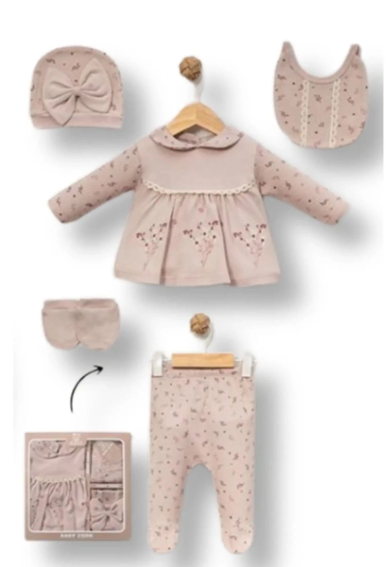 Çiçek Nakışlı Kız Bebe Hastane Çıkışı 5li Set - Brand: BABY ZUHU - Kids & Bby Clothes From Peralane Kids Turkey