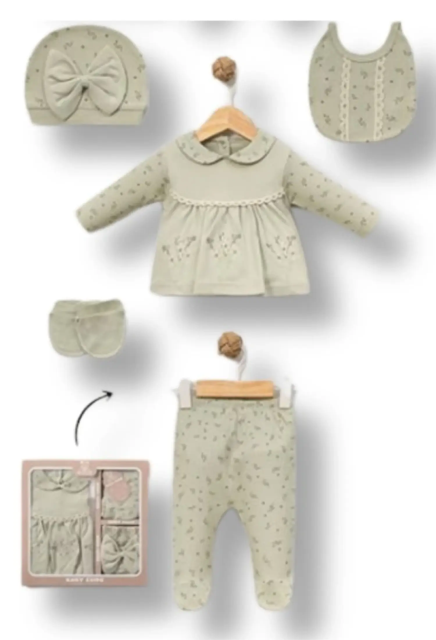 Çiçek Nakışlı Kız Bebe Hastane Çıkışı 5li Set - Brand: BABY ZUHU - Kids & Bby Clothes From Peralane Kids Turkey