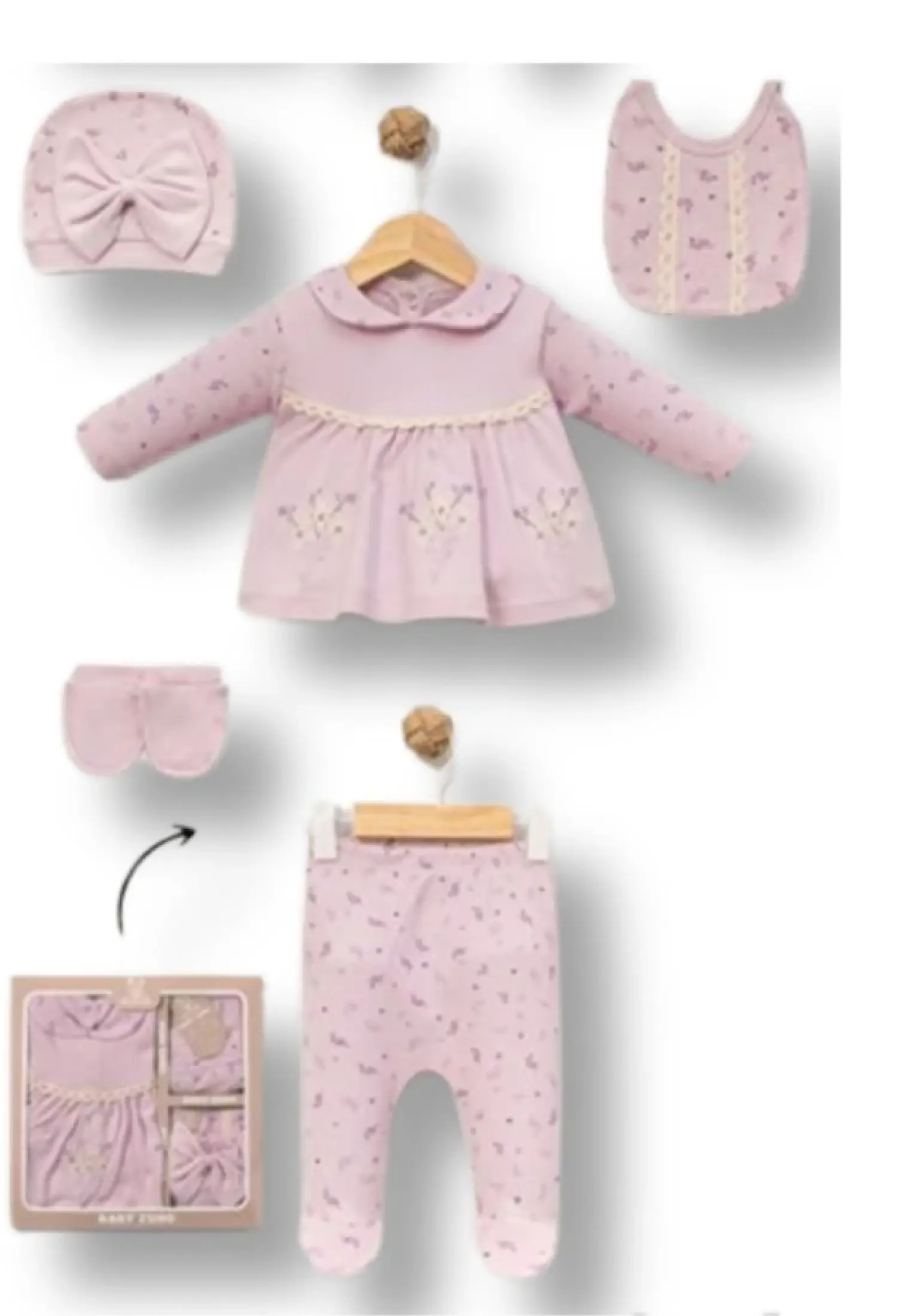 Çiçek Nakışlı Kız Bebe Hastane Çıkışı 5li Set - Brand: BABY ZUHU - Kids & Bby Clothes From Peralane Kids Turkey