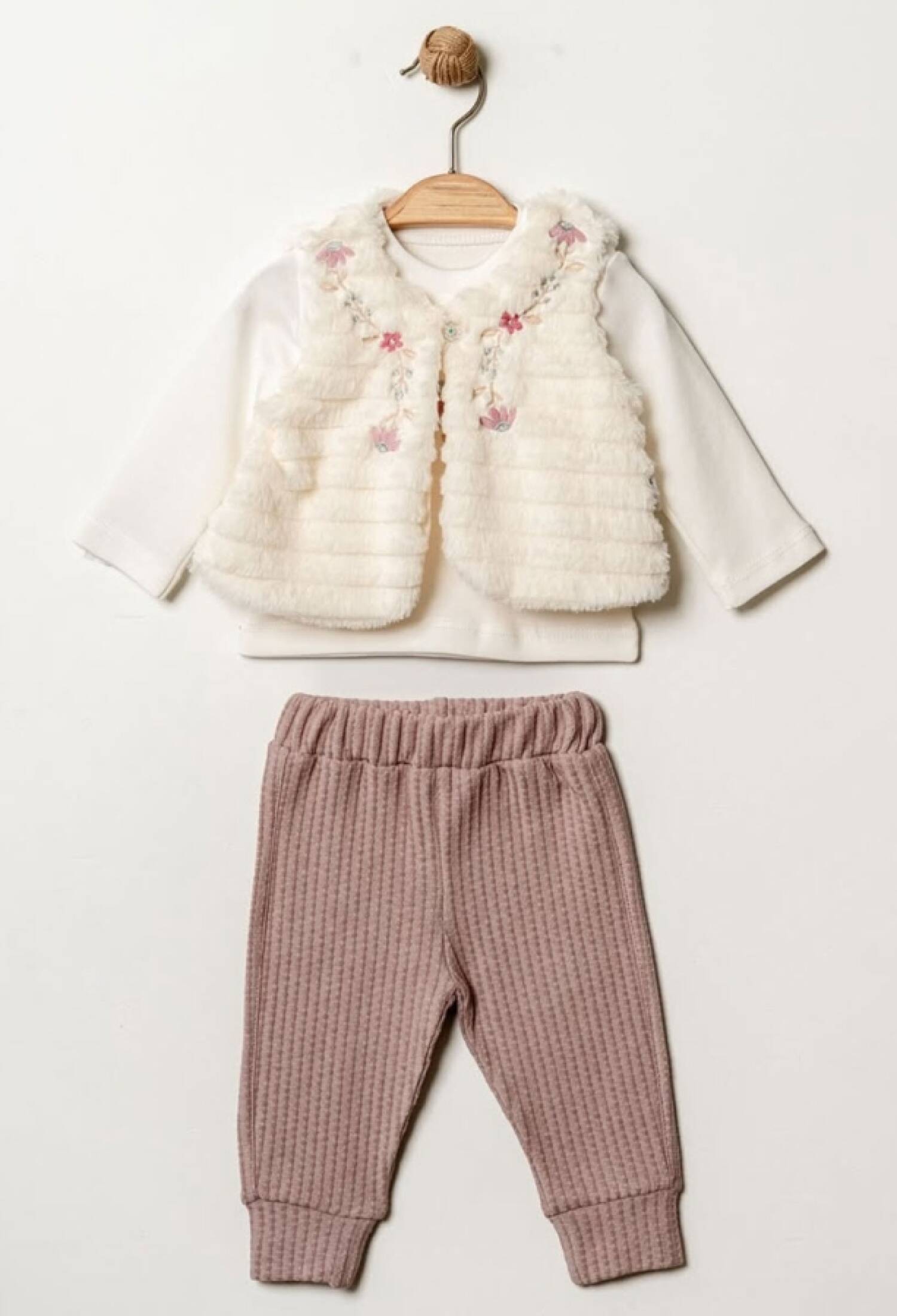 Çiçek Nakışlı Peluş Yelekli Üçlü Kız Bebe Takım - Brand: ELCİ BABY - Kids & Bby Clothes From Peralane Kids Turkey