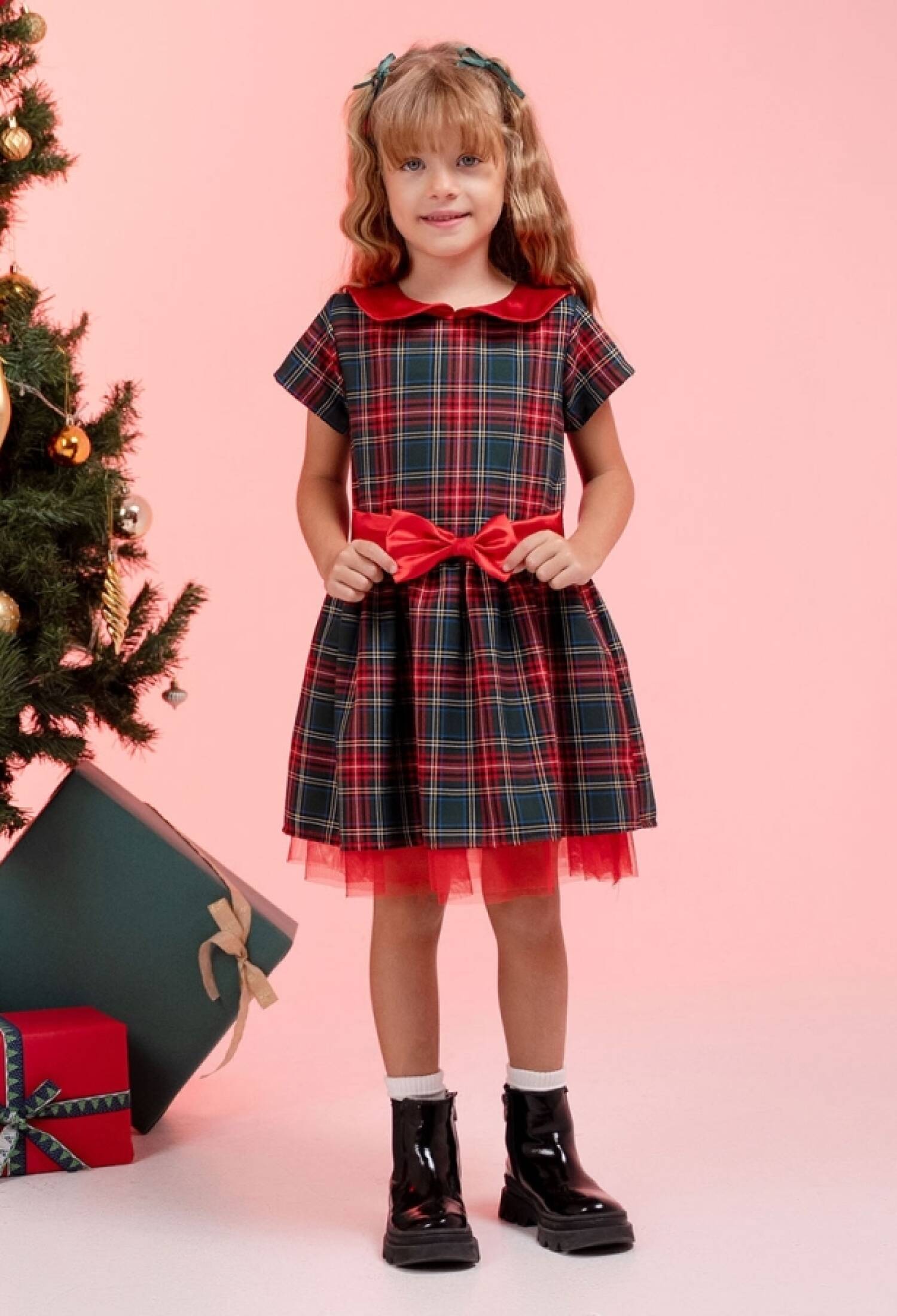 Plaid Patterned Christmas/New Year Dress with Bow Detail