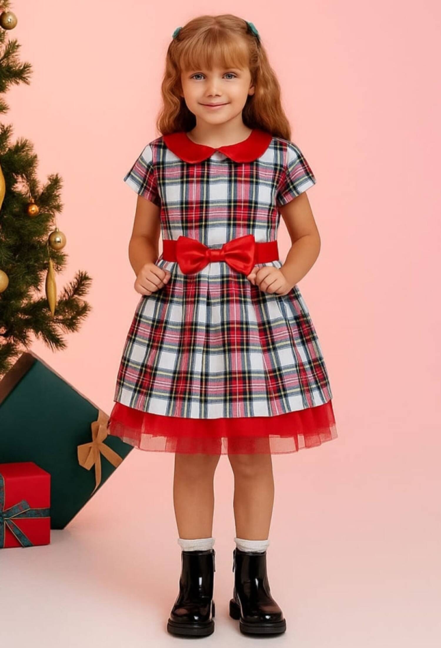 Ekose Desenli Fiyonk Detaylı Noel Yılbaşı Elbise - Brand: LYRA KİDS - Kids & Bby Clothes From Peralane Kids Turkey