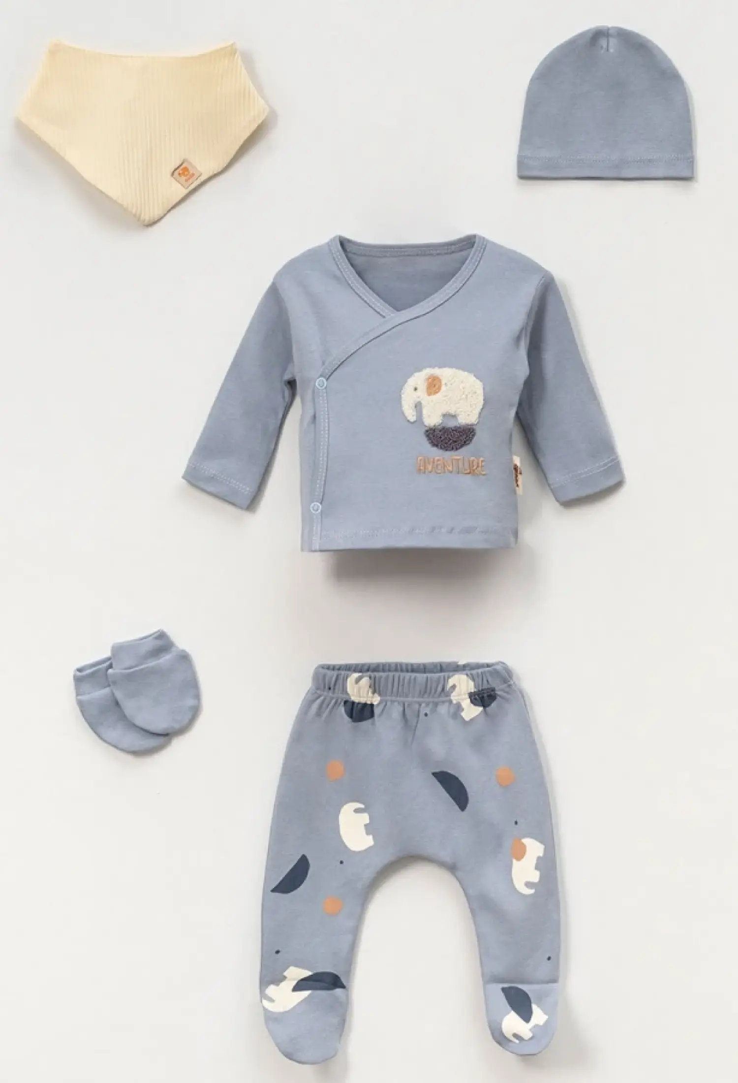 Fil Baskılı Erkek Bebe 5li Hastane Çıkışı Zıbın Set - Brand: VOVİDO - Kids & Bby Clothes From Peralane Kids Turkey