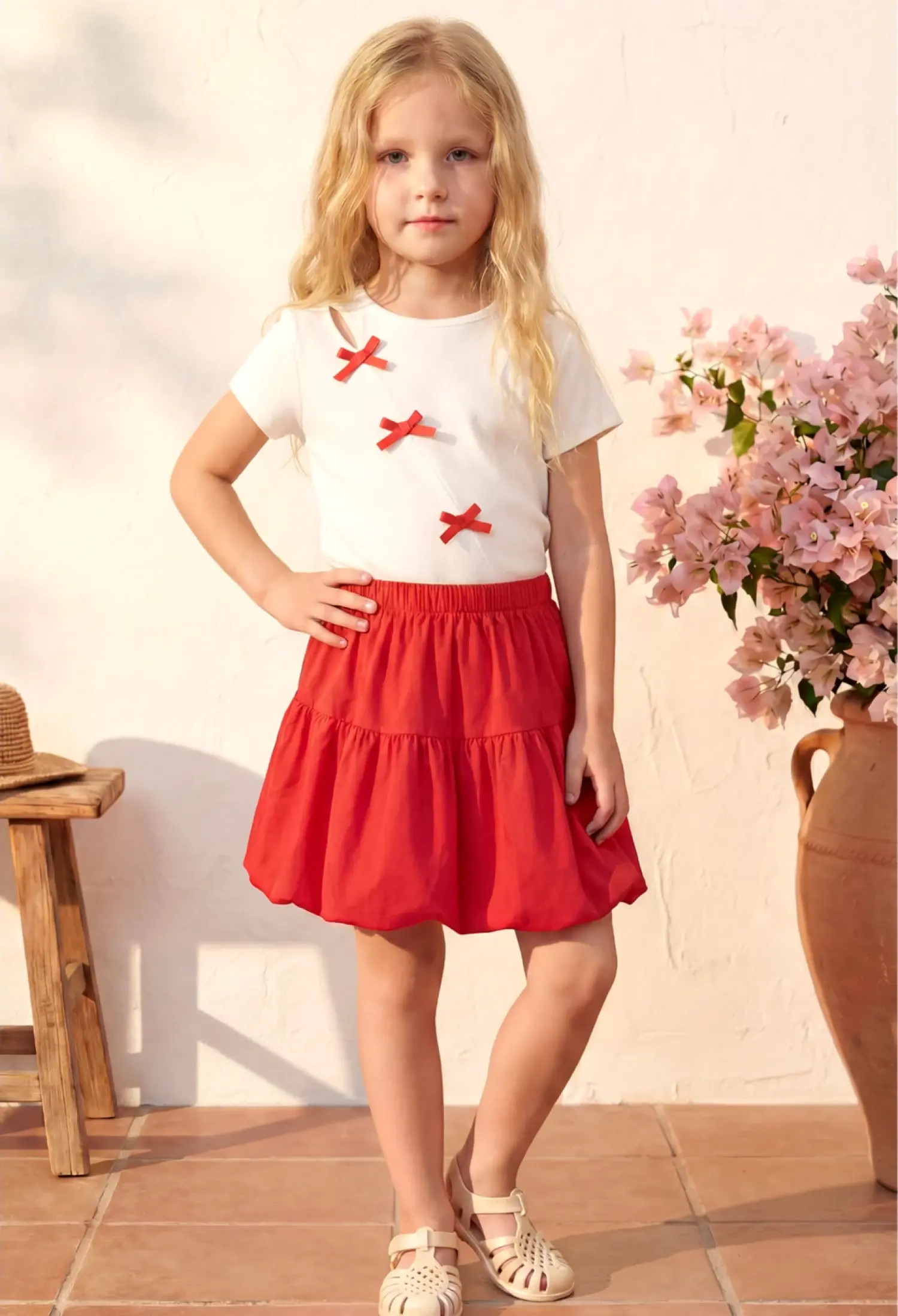 Girls Bow Detail T-Shirt Balloon Skirt Set (4-8 Years) - 26114