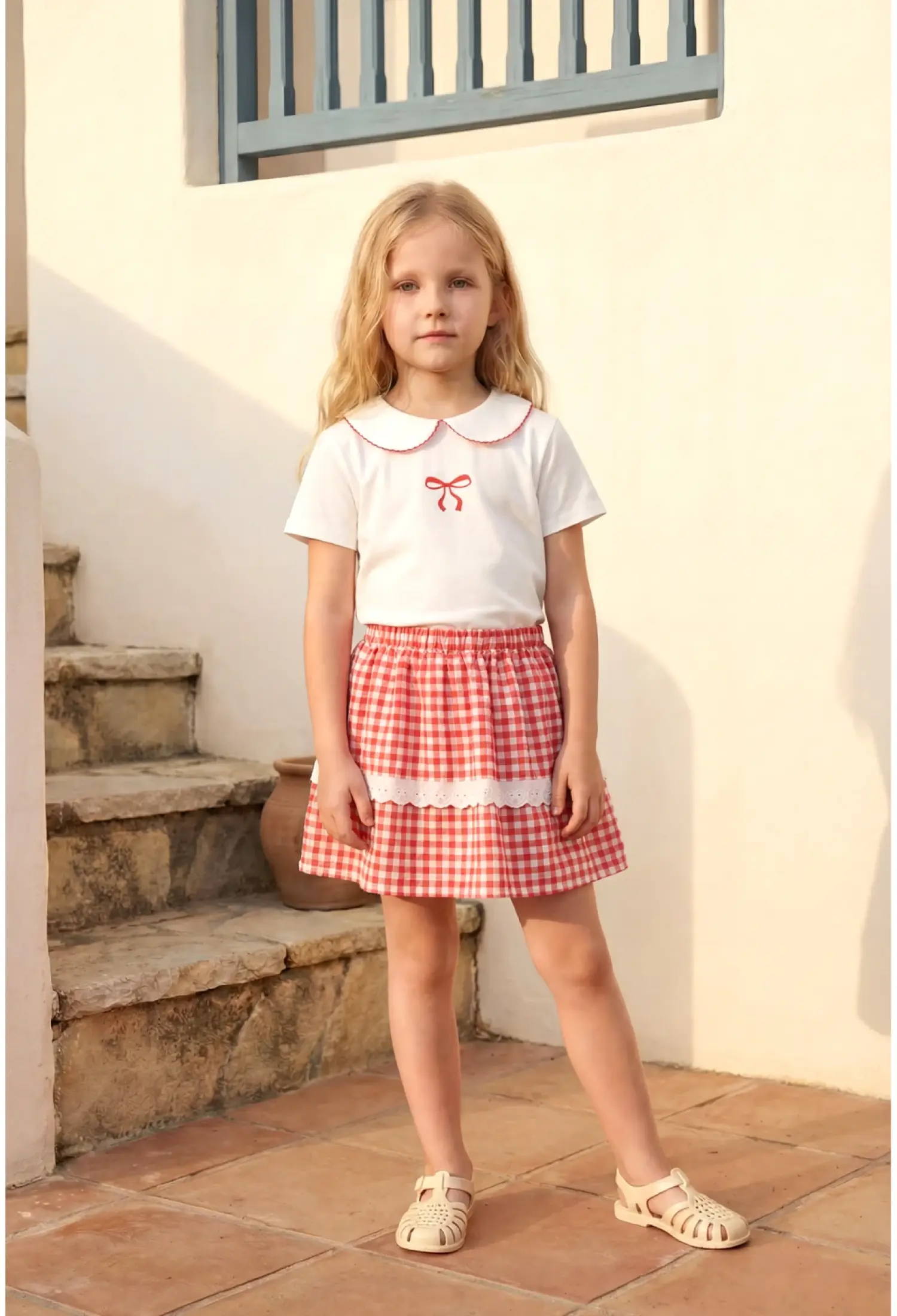 Girls Peter Pan Collar Print Lace Detail Plaid Skirt Set - 26110