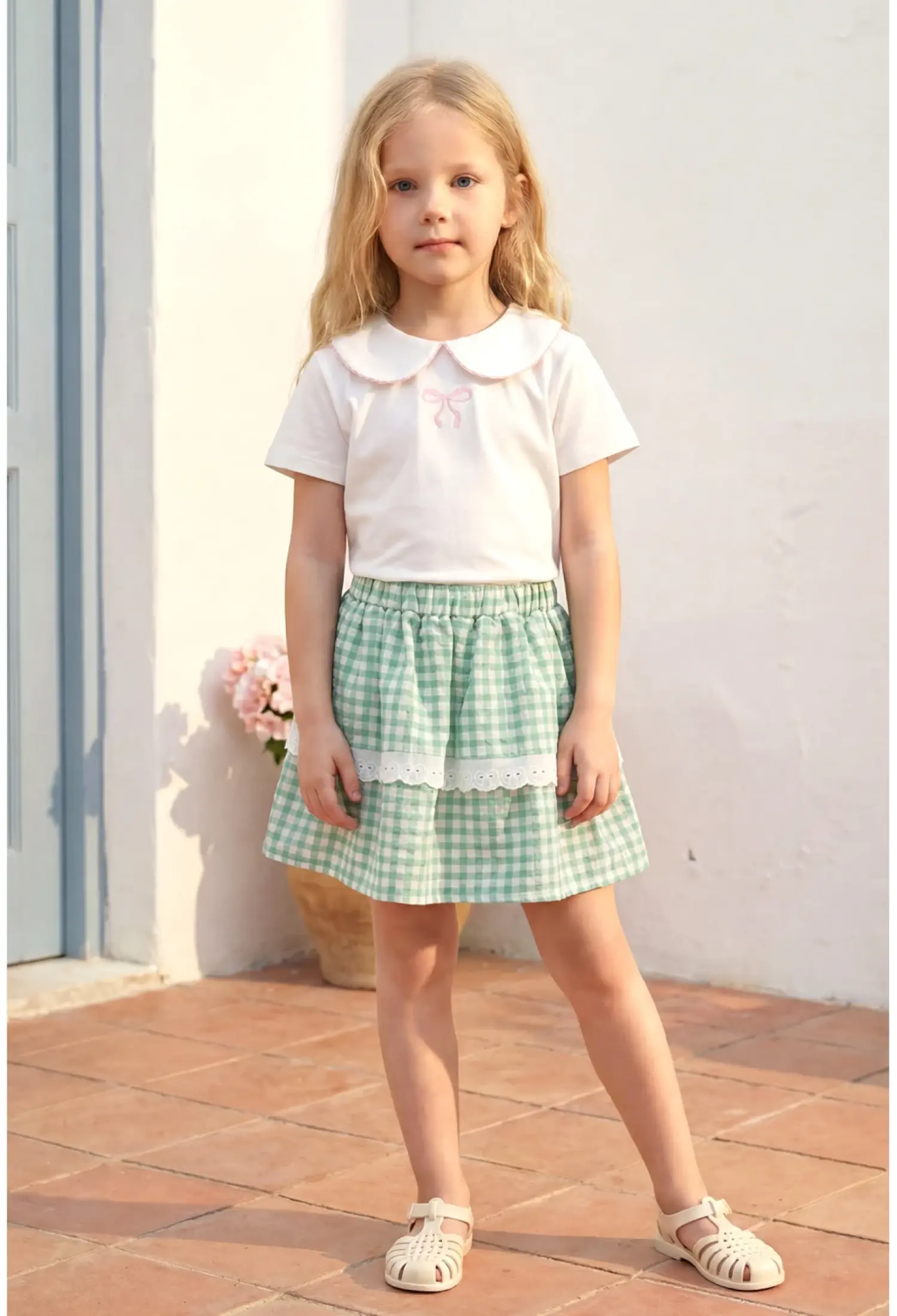 Girls Peter Pan Collar Print Lace Detail Plaid Skirt Set - 26110
