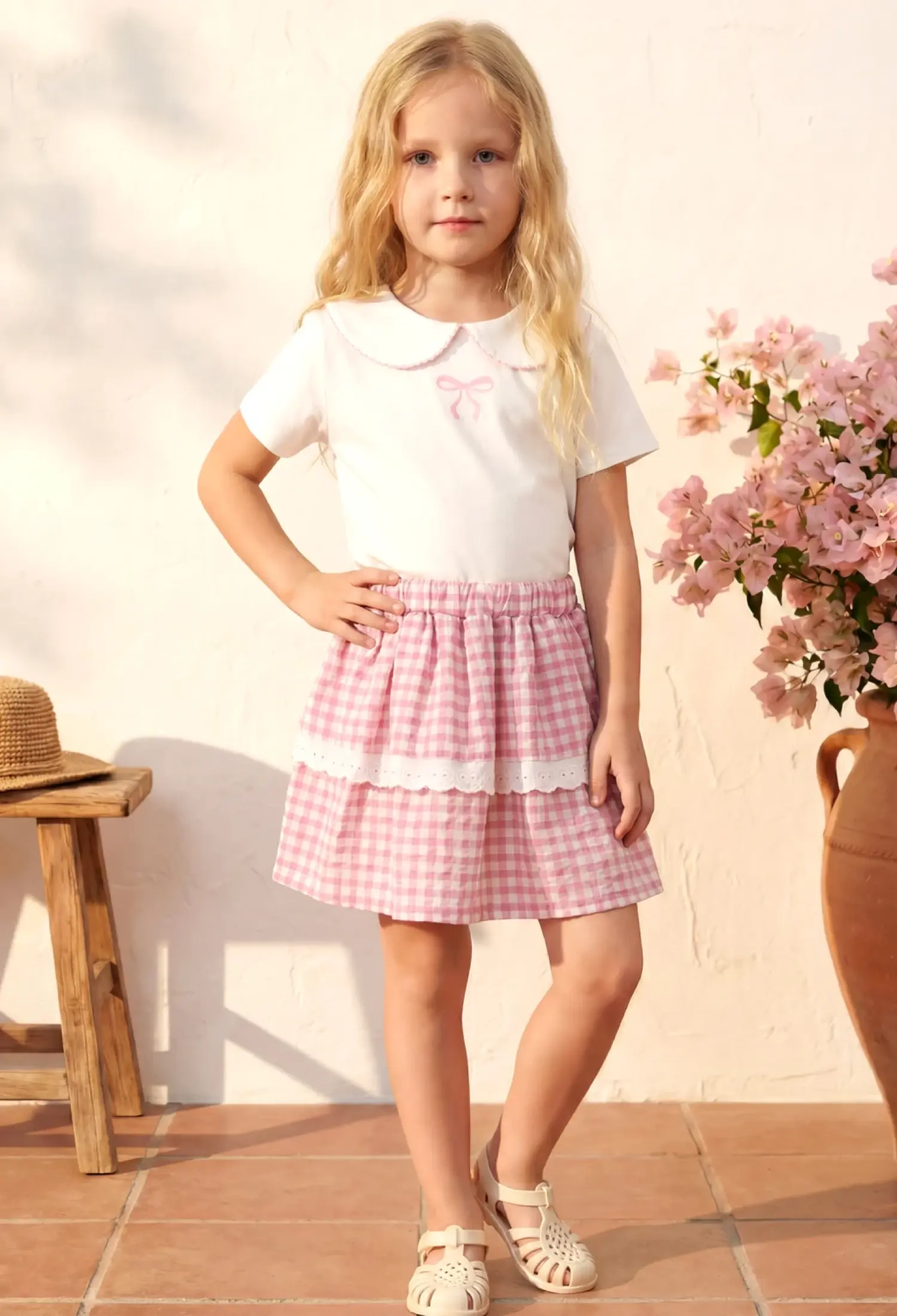 Girls Peter Pan Collar Print Lace Detail Plaid Skirt Set - 26110 - Brand: Miniloox - Kids & Bby Clothes From Peralane Kids Turkey
