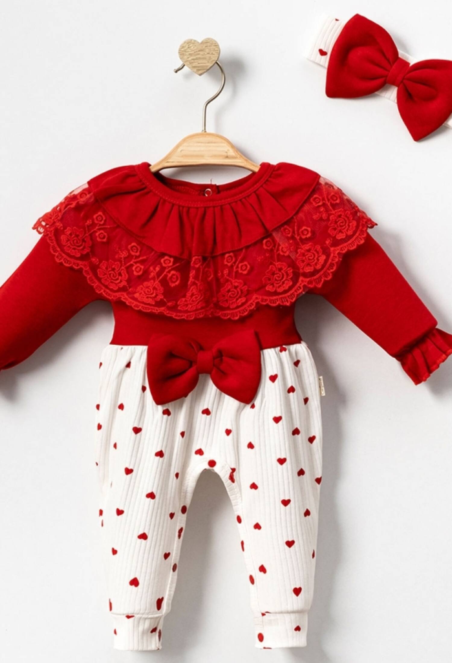 Heart Patterned Lace Detail Baby Girl Romper