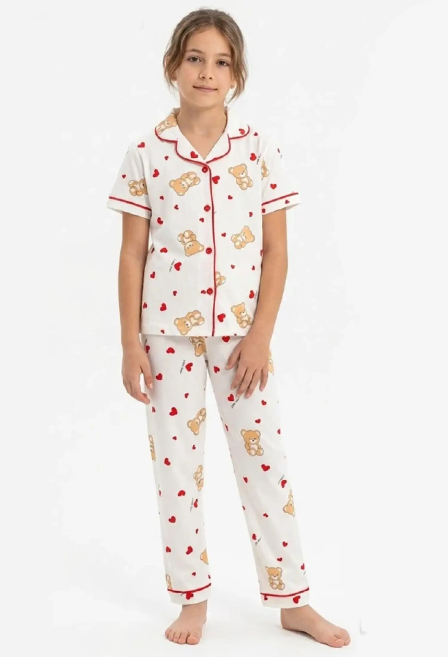 Kalp Desenli Yakalı Düğmeli Kız Pijama Takım - Brand: DOLAŞ - Kids & Bby Clothes From Peralane Kids Turkey