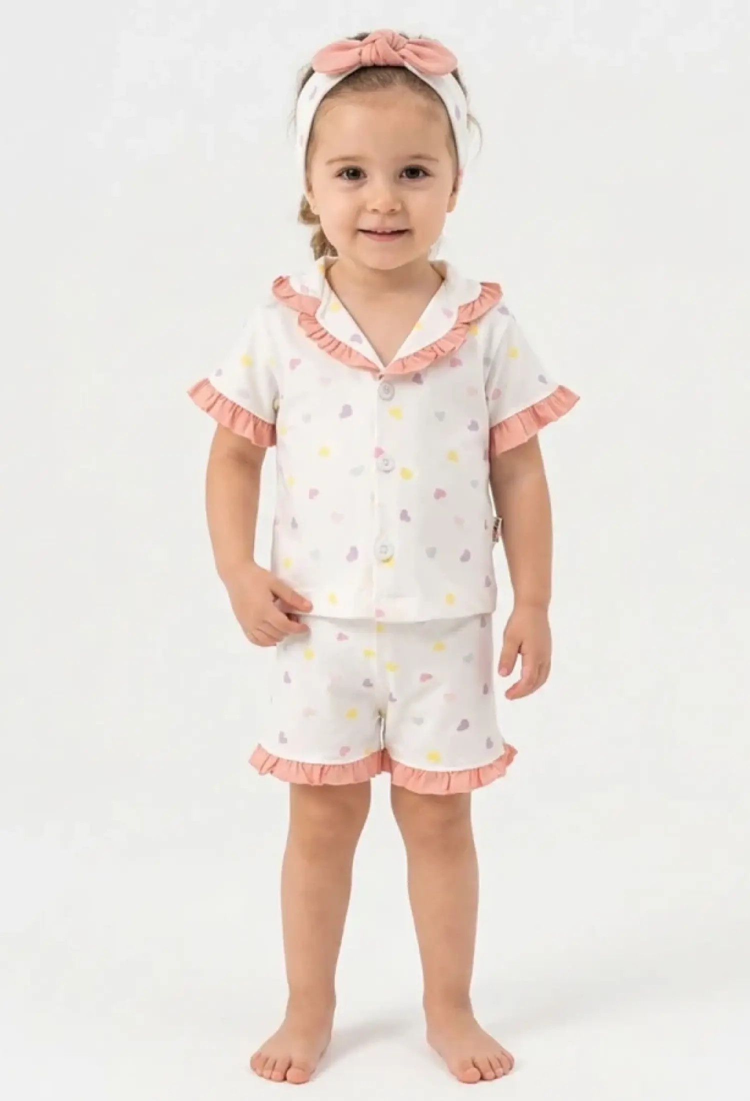 Kalp Desenli Yakalı Düğmeli Kız Pijama Takım - Brand: DOLAŞ - Kids & Bby Clothes From Peralane Kids Turkey