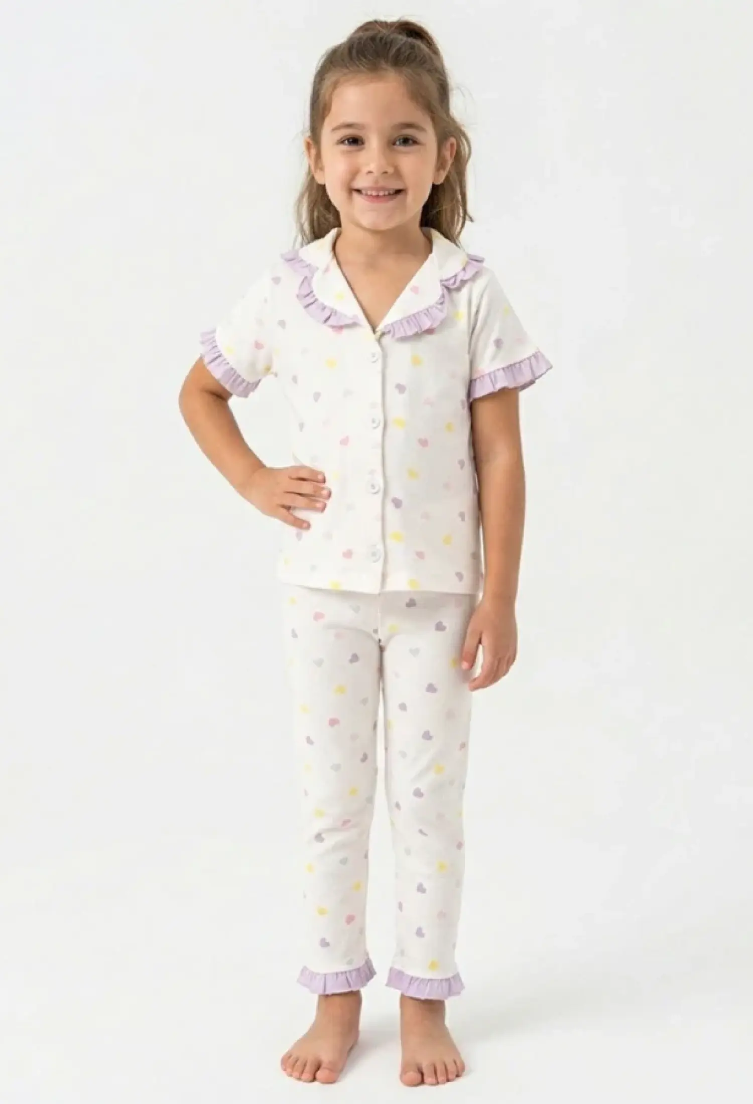 Kalp Desenli Yakalı Düğmeli Kız Pijama Takım - Brand: DOLAŞ - Kids & Bby Clothes From Peralane Kids Turkey