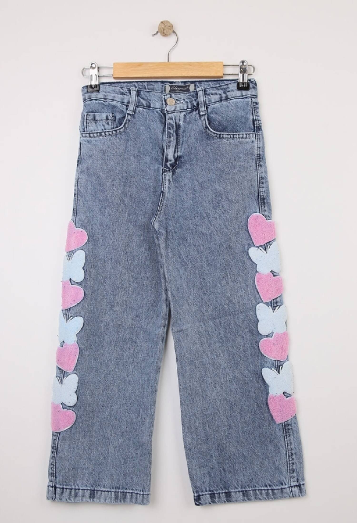 Girl's Denim Set with Heart Embroidery