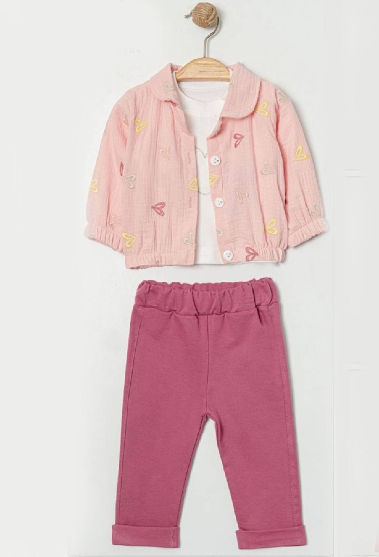 Kalp Nakışlı Üçlü Kız Bebe Takım - Brand: ELCİ BABY - Kids & Bby Clothes From Peralane Kids Turkey