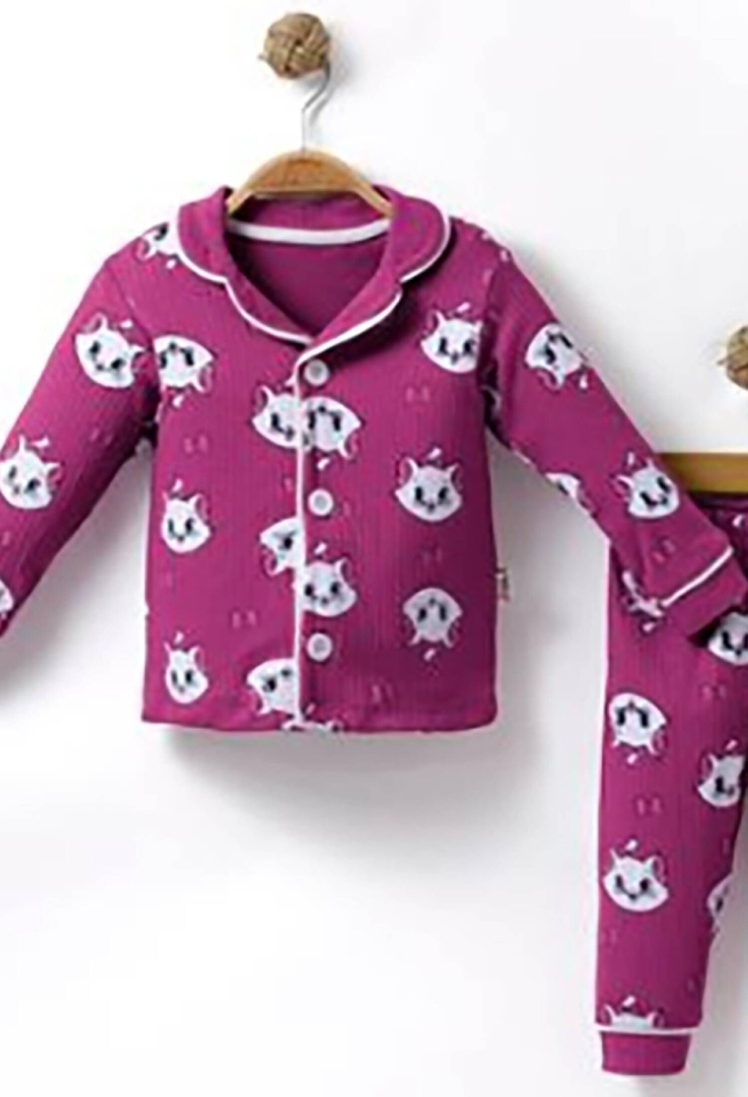 Cat Patterned Collared Buttoned Girl's Pajama Set