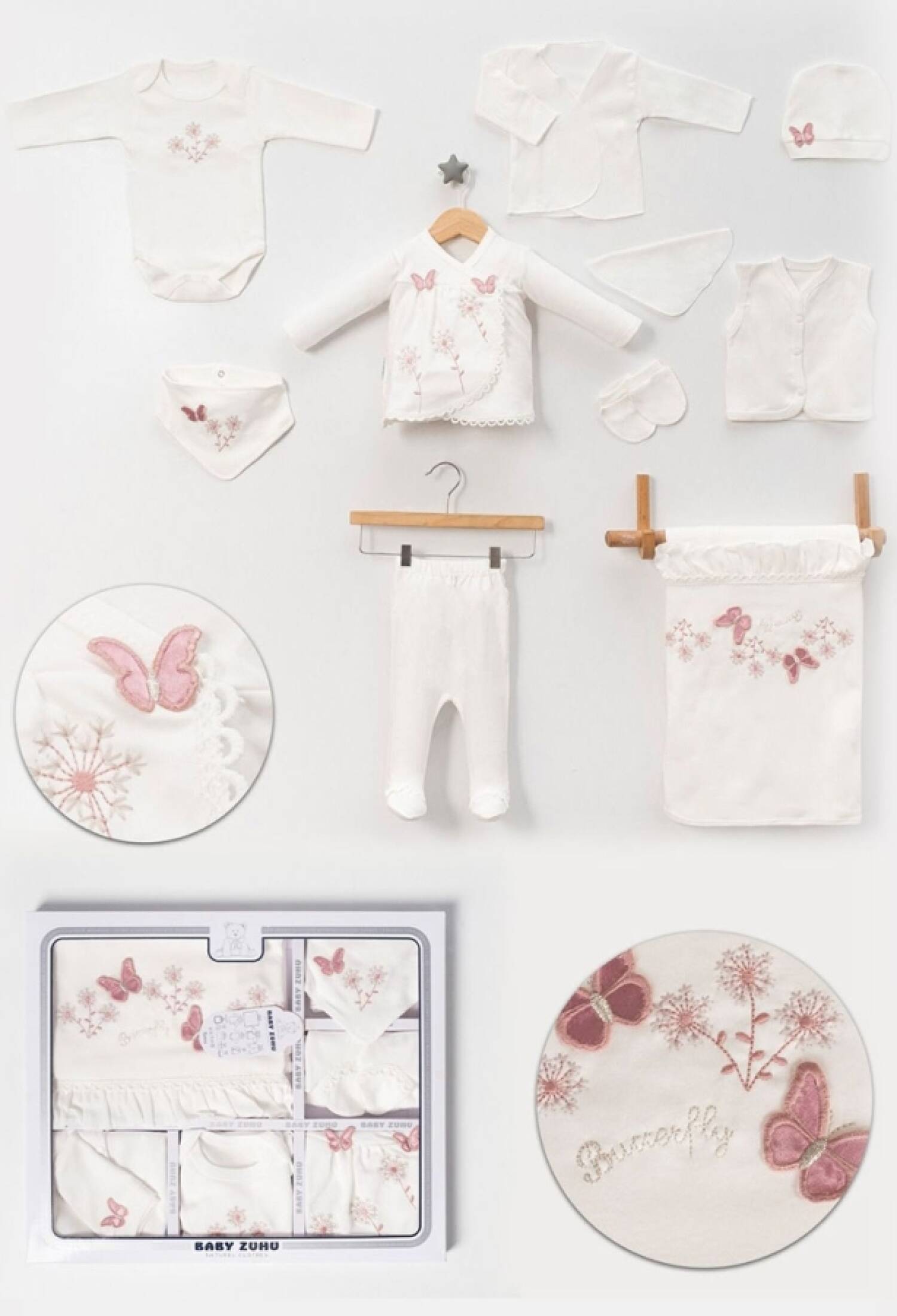Kelebek Nakışlı Hastane Çıkışı 10lü Set - Brand: BABY ZUHU - Kids & Bby Clothes From Peralane Kids Turkey