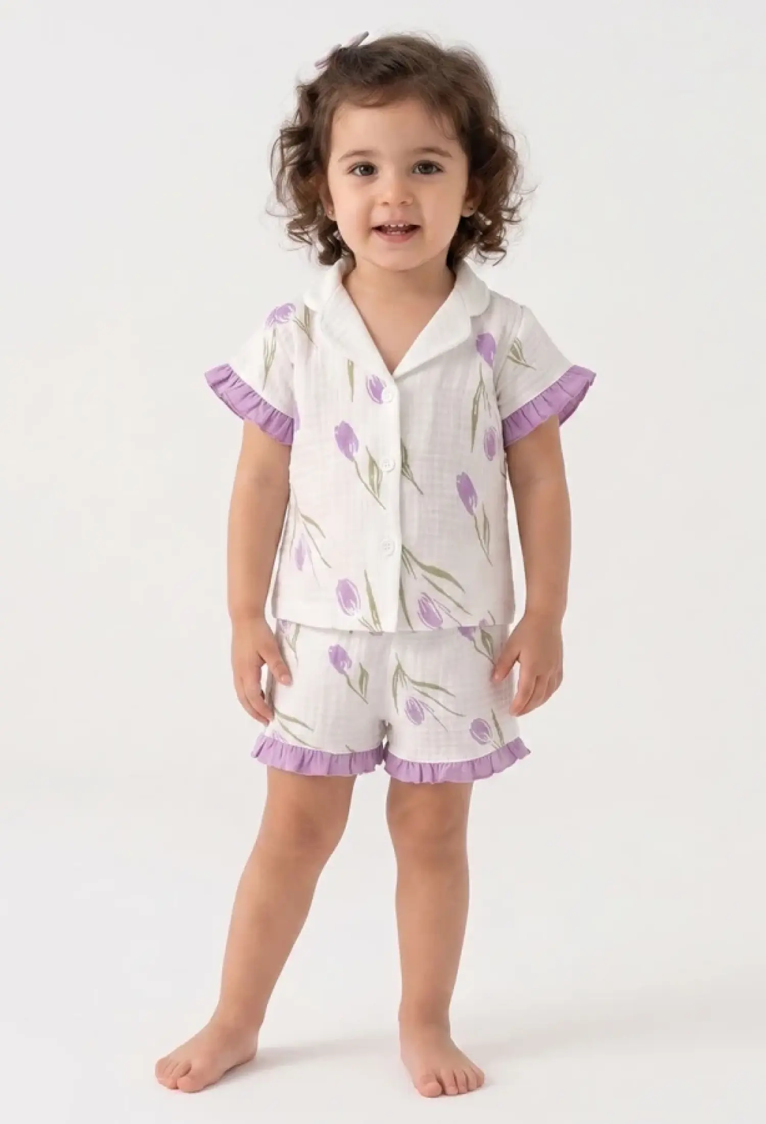 Lale Desenli Yakalı Düğmeli Müslin Kız Pijama Takım - Brand: DOLAŞ - Kids & Bby Clothes From Peralane Kids Turkey