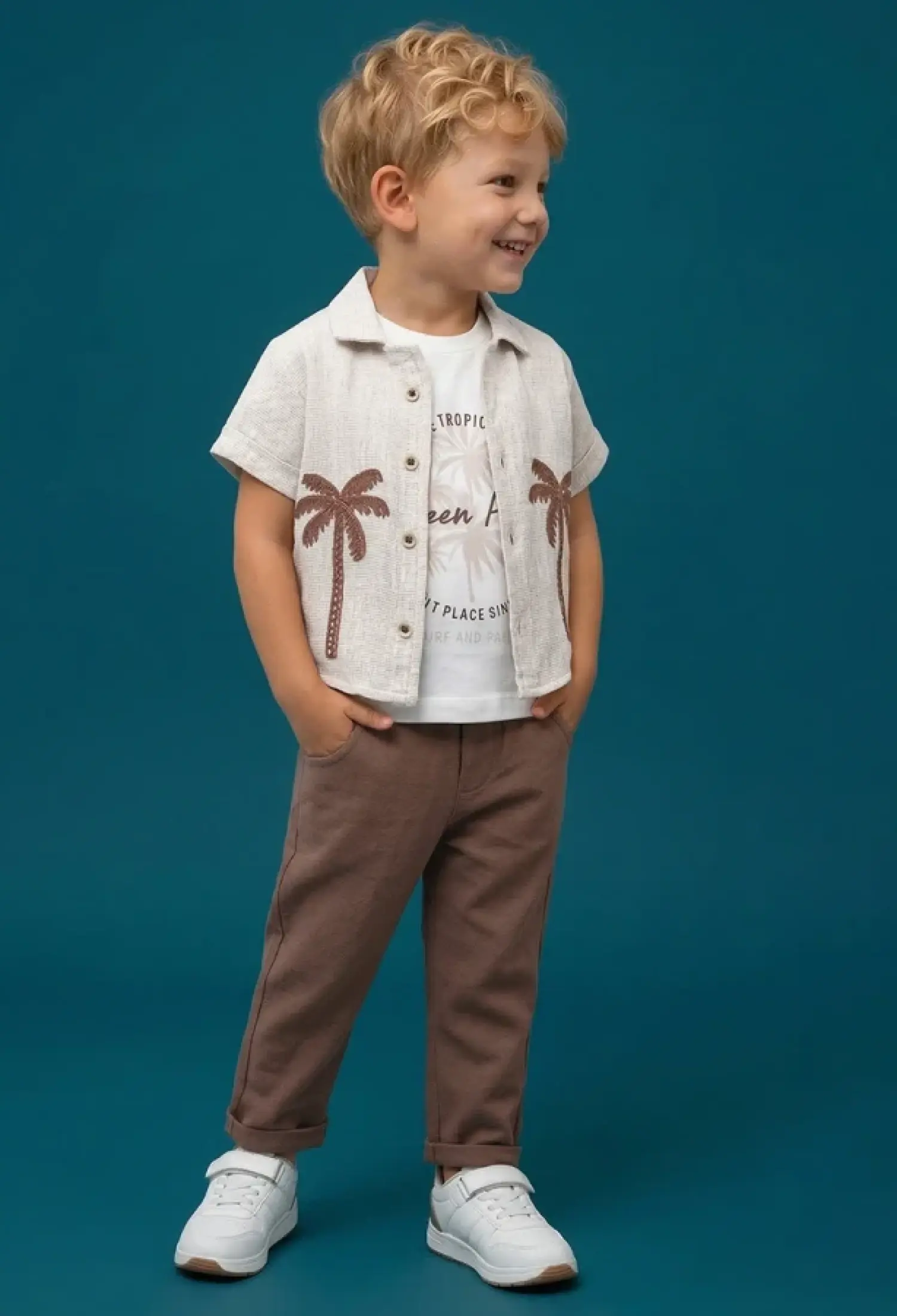 Palmiye Baskılı Gömlekli Üçlü Erkek Takım - Brand: CANÖZ - Kids & Bby Clothes From Peralane Kids Turkey
