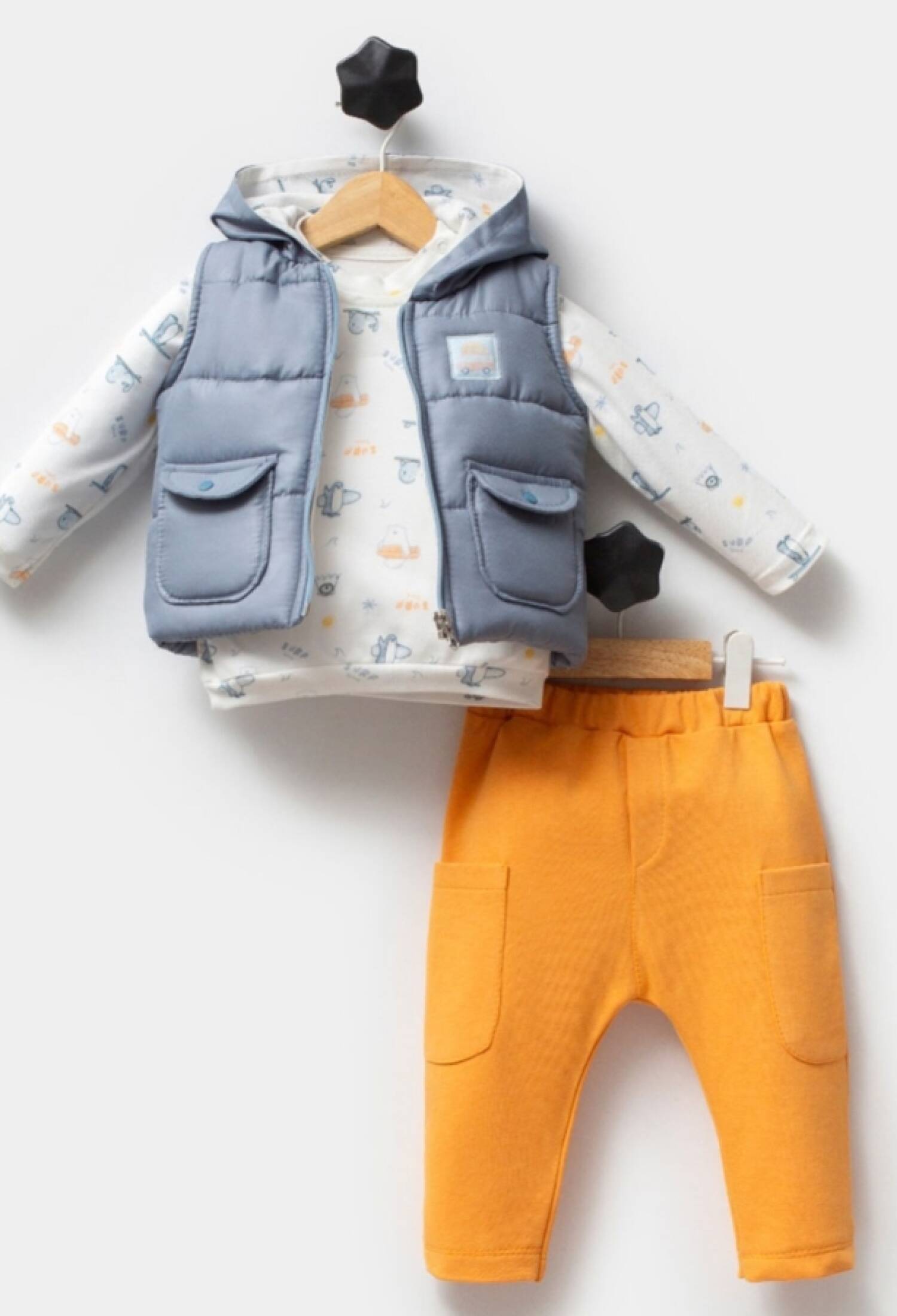 Penguin Patterned Baby Boy Three-Piece Set with Vest
