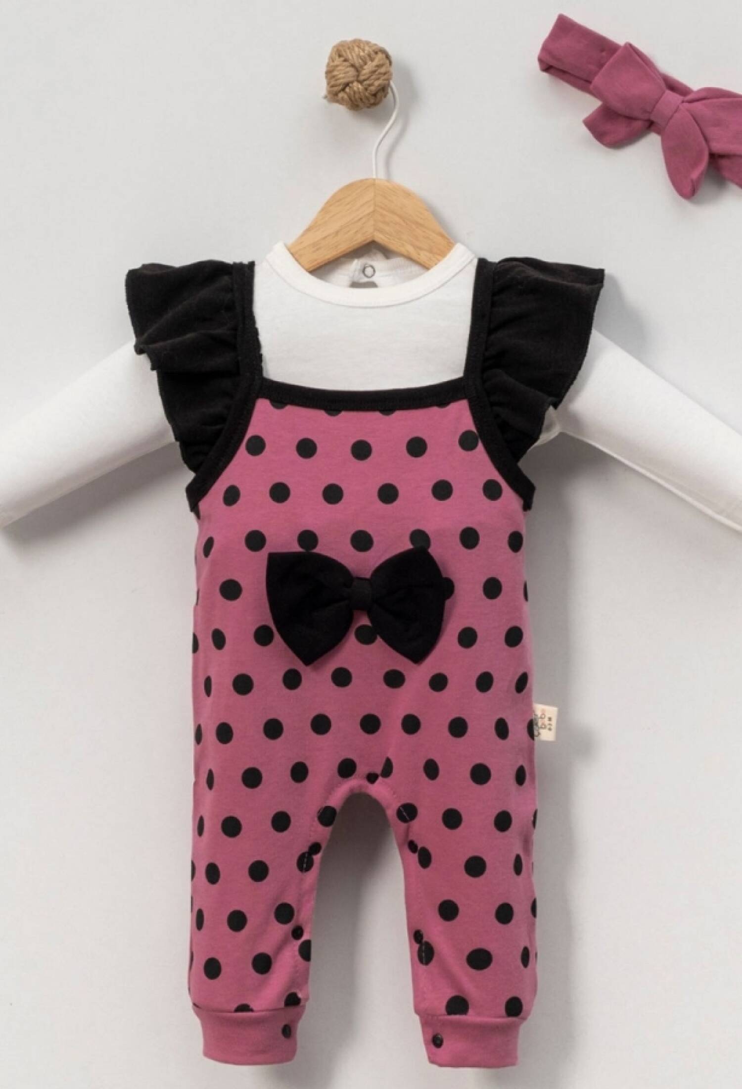 Polka Dot Patterned Baby Girl Romper Set with Bow Detail