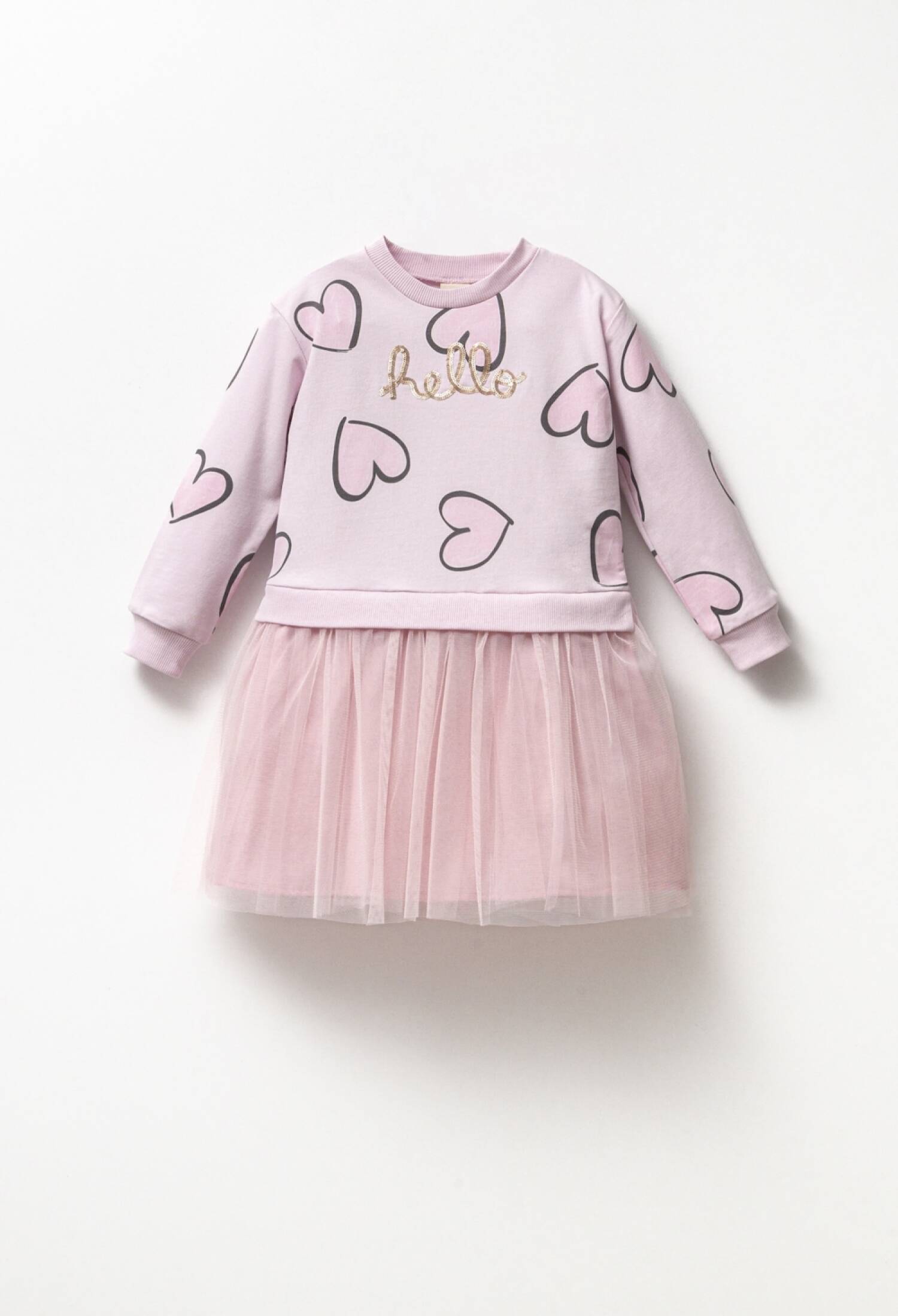 SEASONAL GIRLS DRESS WITH “HELLO” SEQUIN EMBROIDERY (AGES 4-7) - 24144 - Brand: Miniloox - Kids & Bby Clothes From Peralane Kids Turkey
