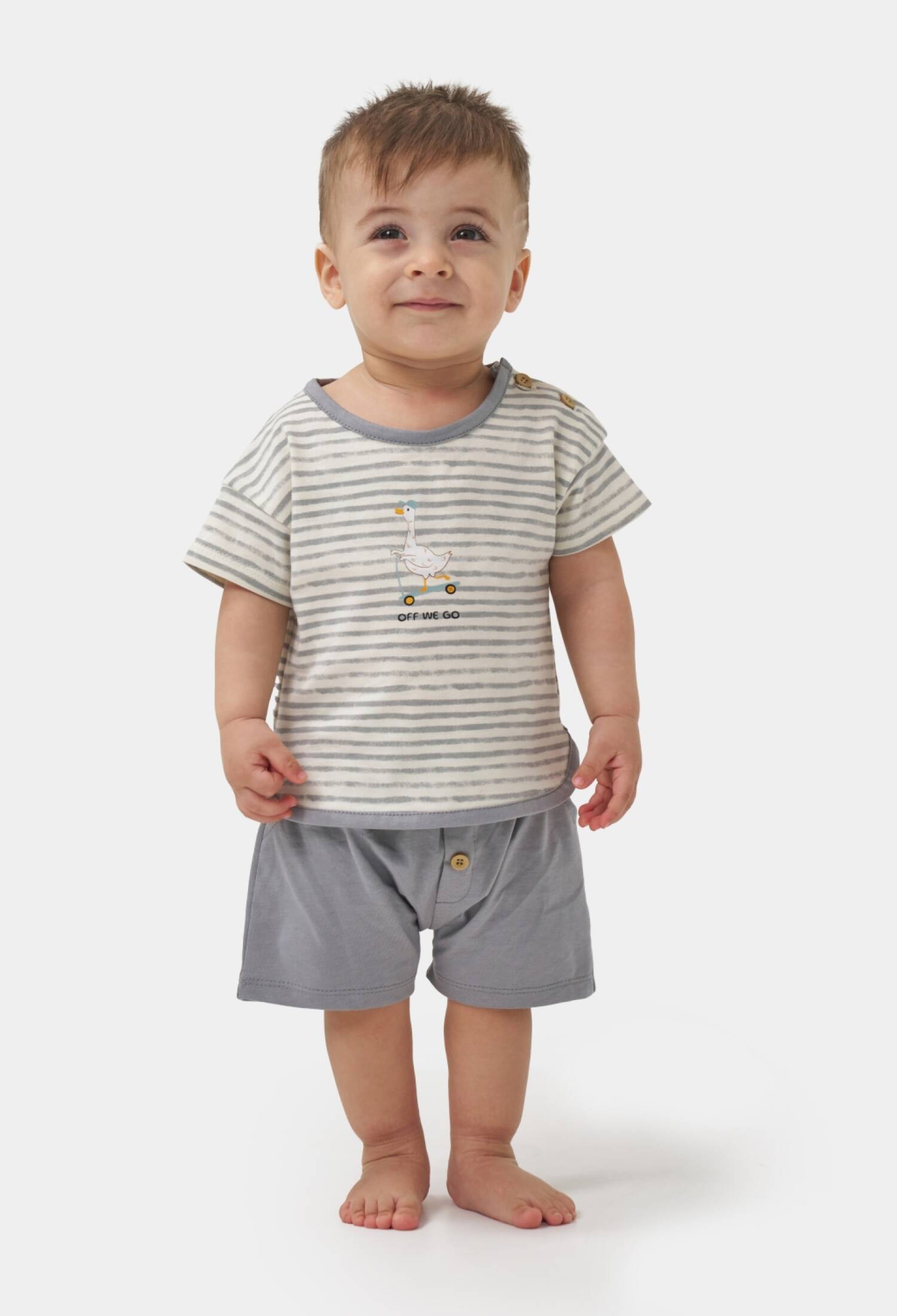 Striped Printed T-Shirt and Buttoned Shorts Baby Boy Two-Piece Set (6/9-18/24 Months) - 25215 - Brand: Miniloox - Kids & Bby Clothes From Peralane Kids Turkey