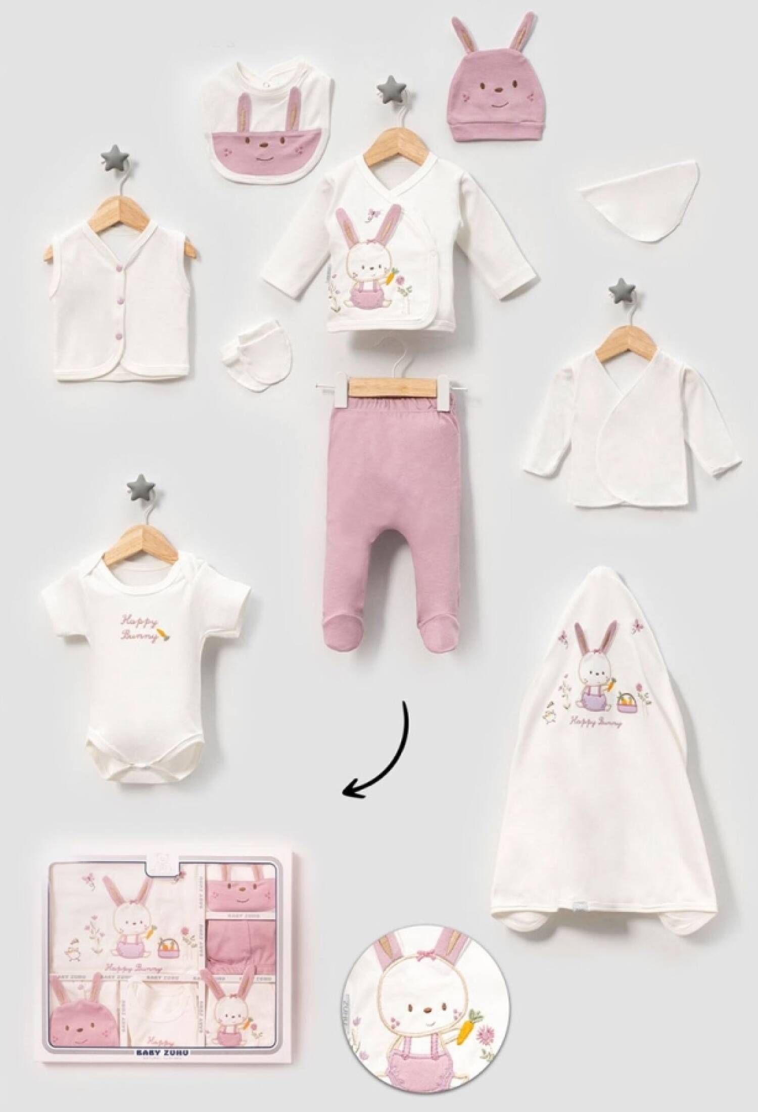 Tavşan Baskılı 10lu Kız Hastane Çıkışı Zıbın Set - Brand: BABY ZUHU - Kids & Bby Clothes From Peralane Kids Turkey