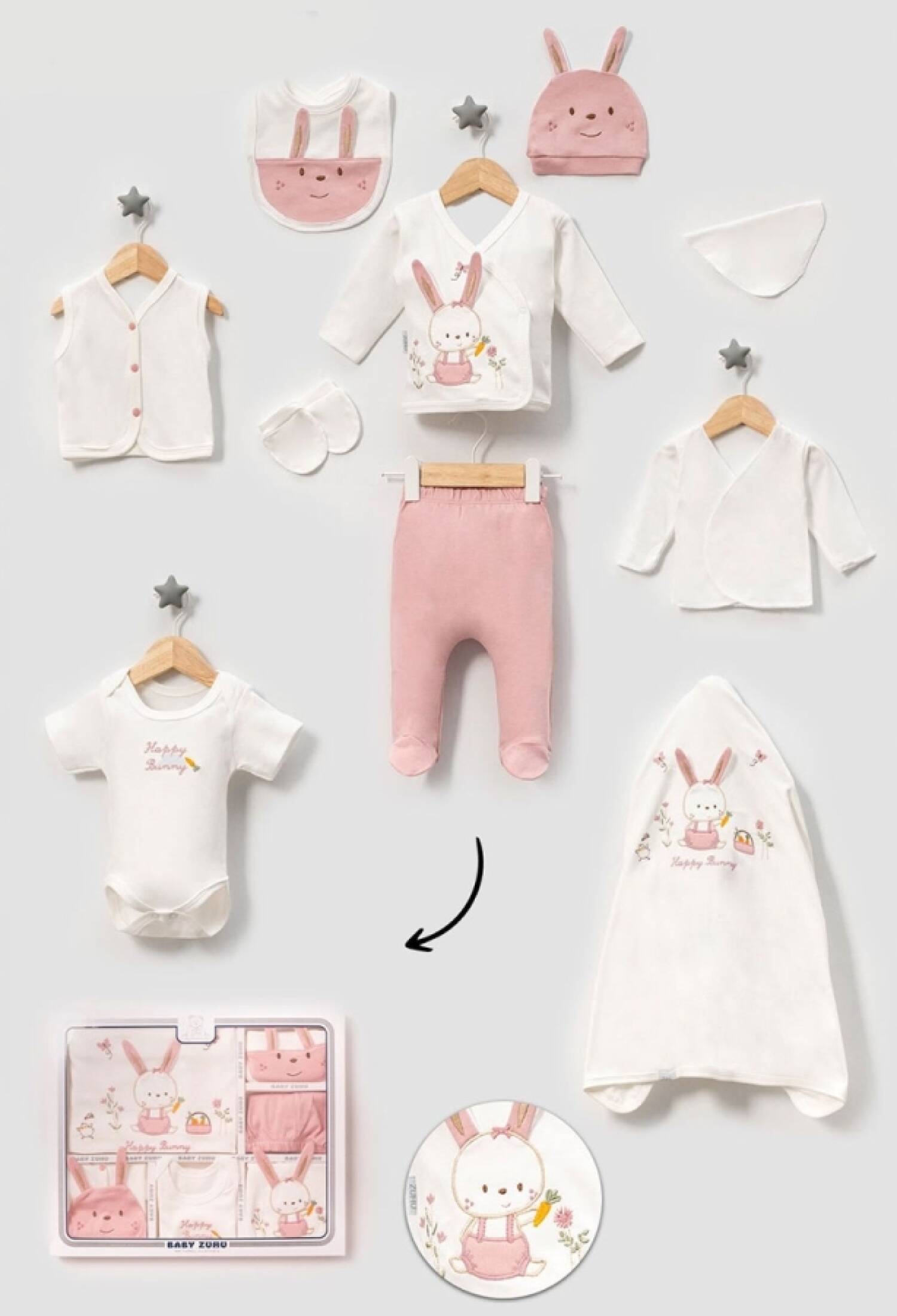 Tavşan Baskılı 10lu Kız Hastane Çıkışı Zıbın Set - Brand: BABY ZUHU - Kids & Bby Clothes From Peralane Kids Turkey