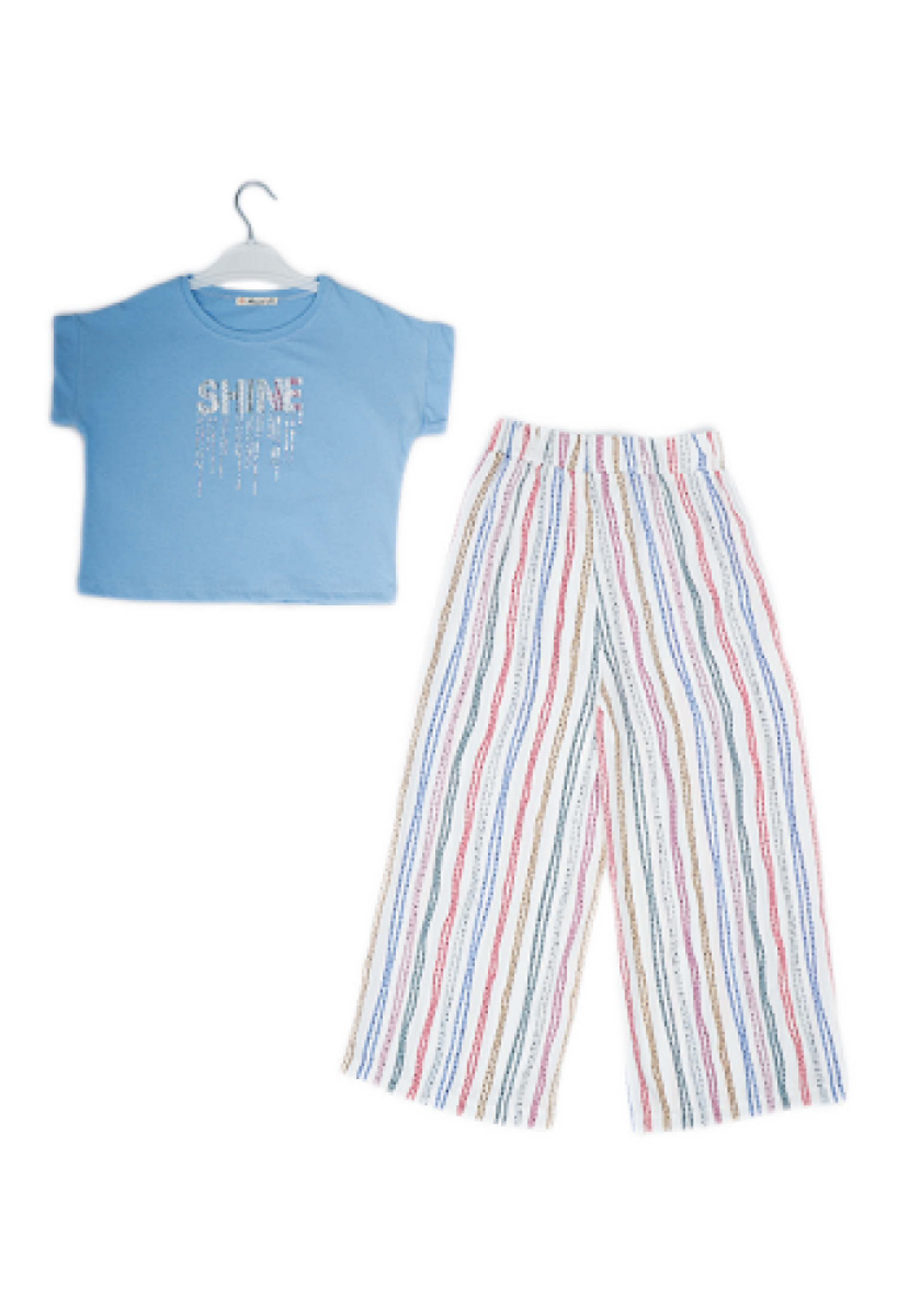 Girls Blue Shine T-Shirt and Striped Pants Set