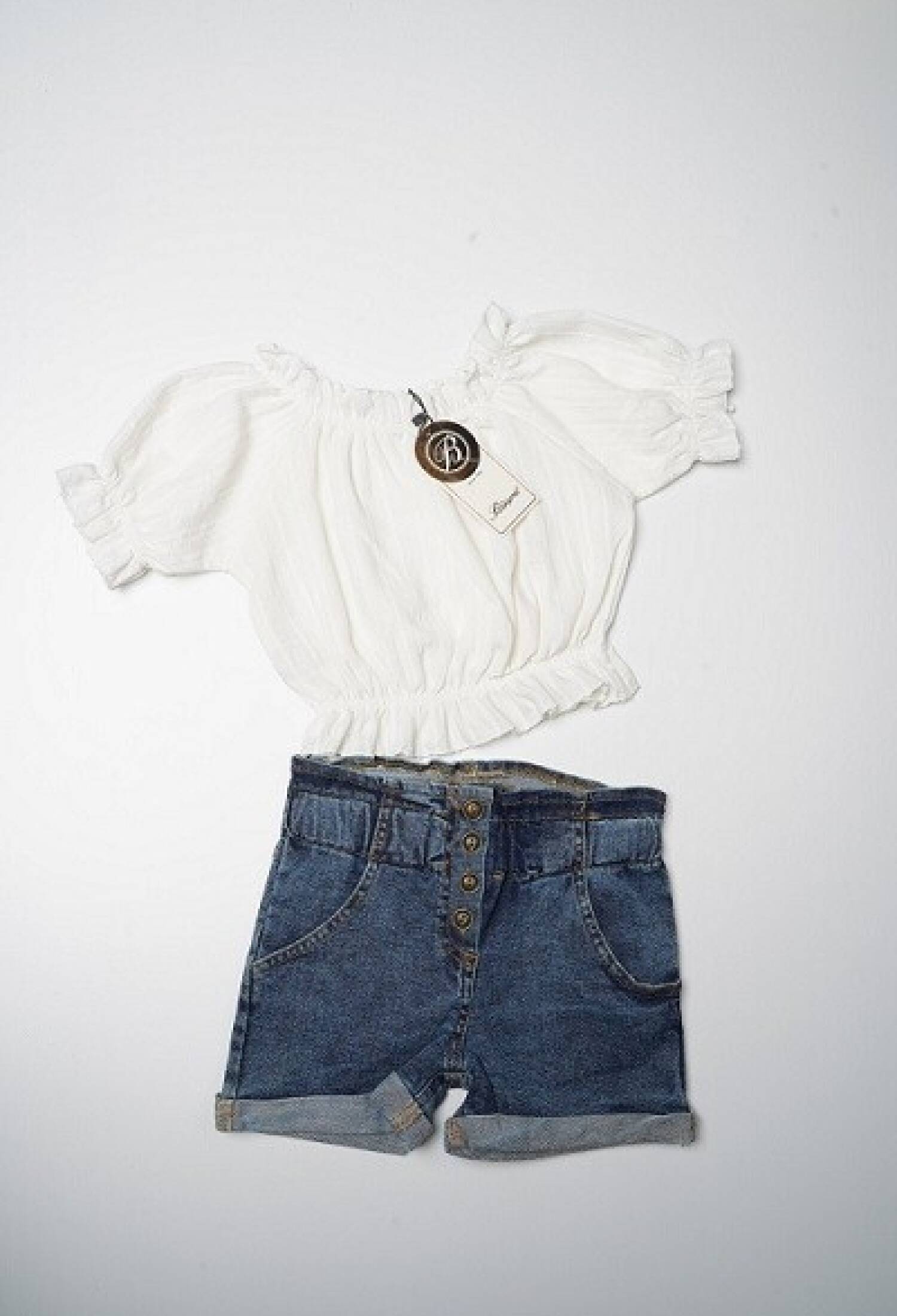 Wholesale Girls' 2-Piece Blouse and Denim Shorts Set 6-10Y