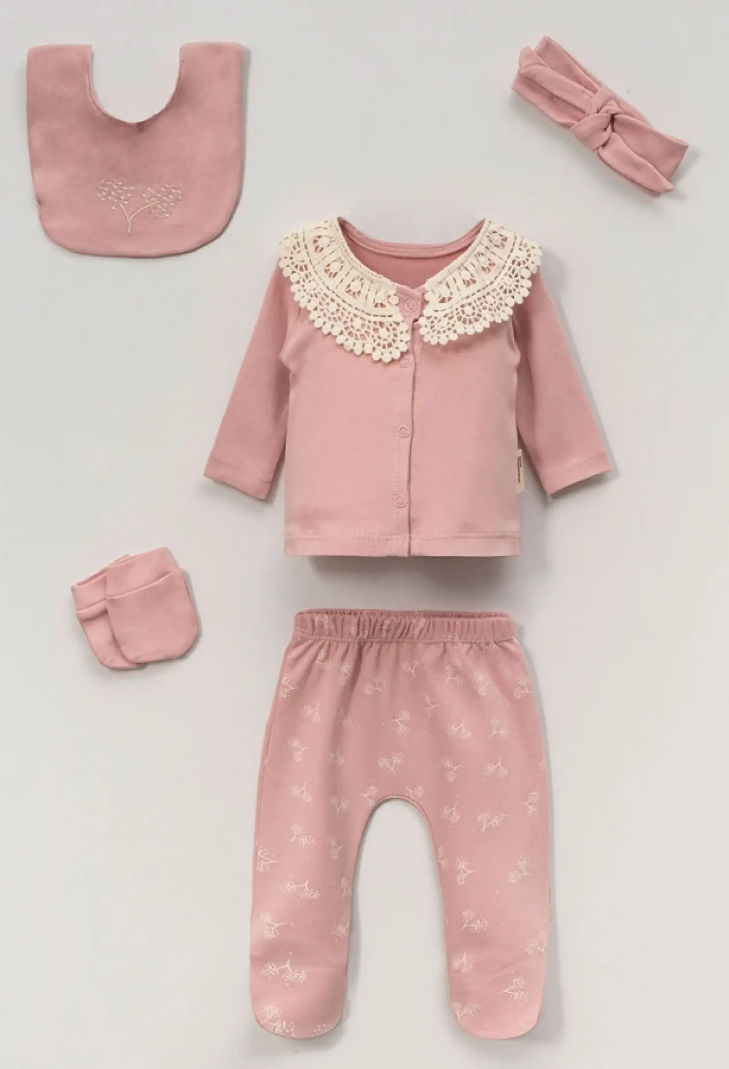Yaka Dantelli Kız Bebe 5li Hastane Çıkışı Zıbın Set - Brand: VOVİDO - Kids & Bby Clothes From Peralane Kids Turkey