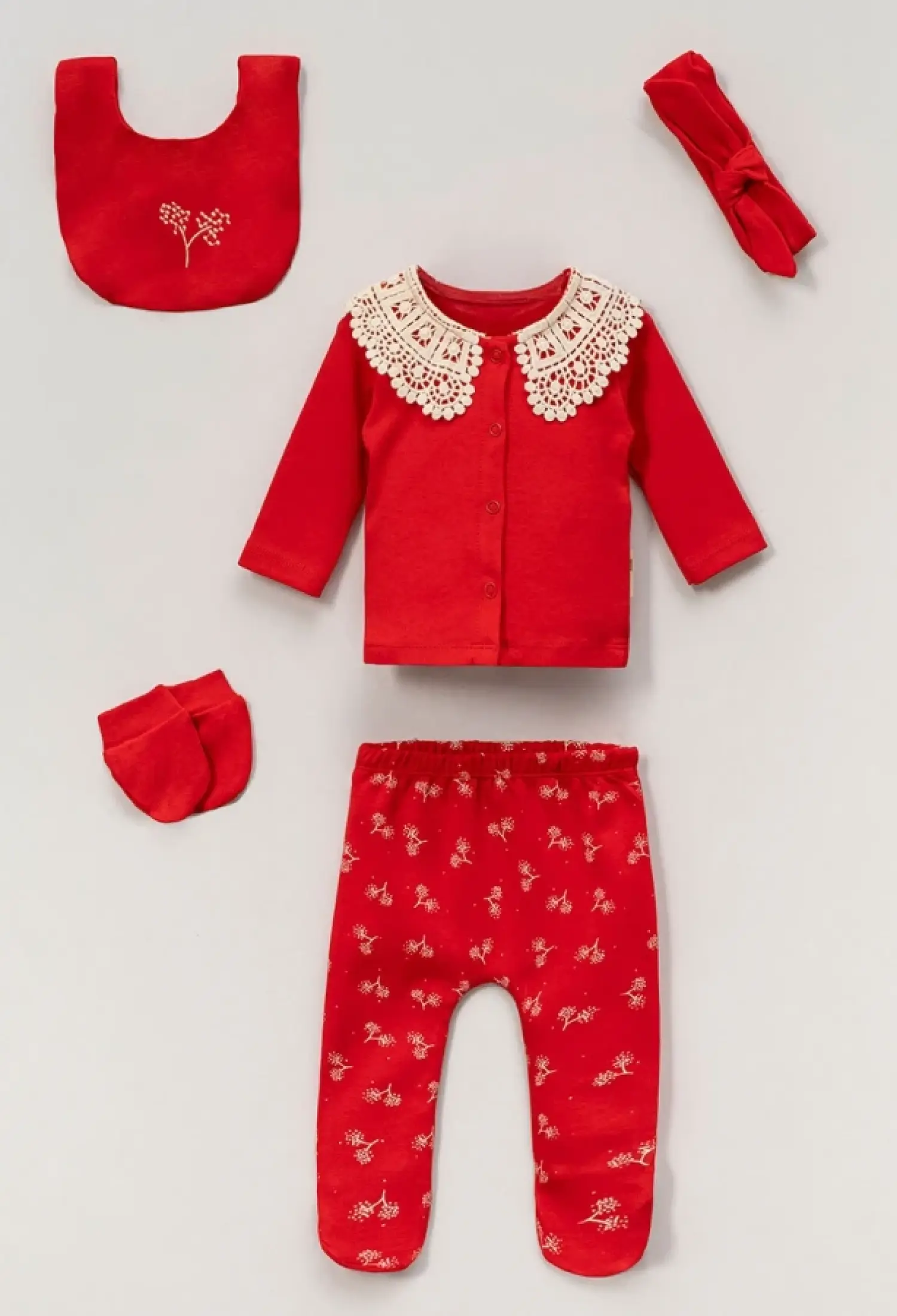 Yaka Dantelli Kız Bebe 5li Hastane Çıkışı Zıbın Set - Brand: VOVİDO - Kids & Bby Clothes From Peralane Kids Turkey