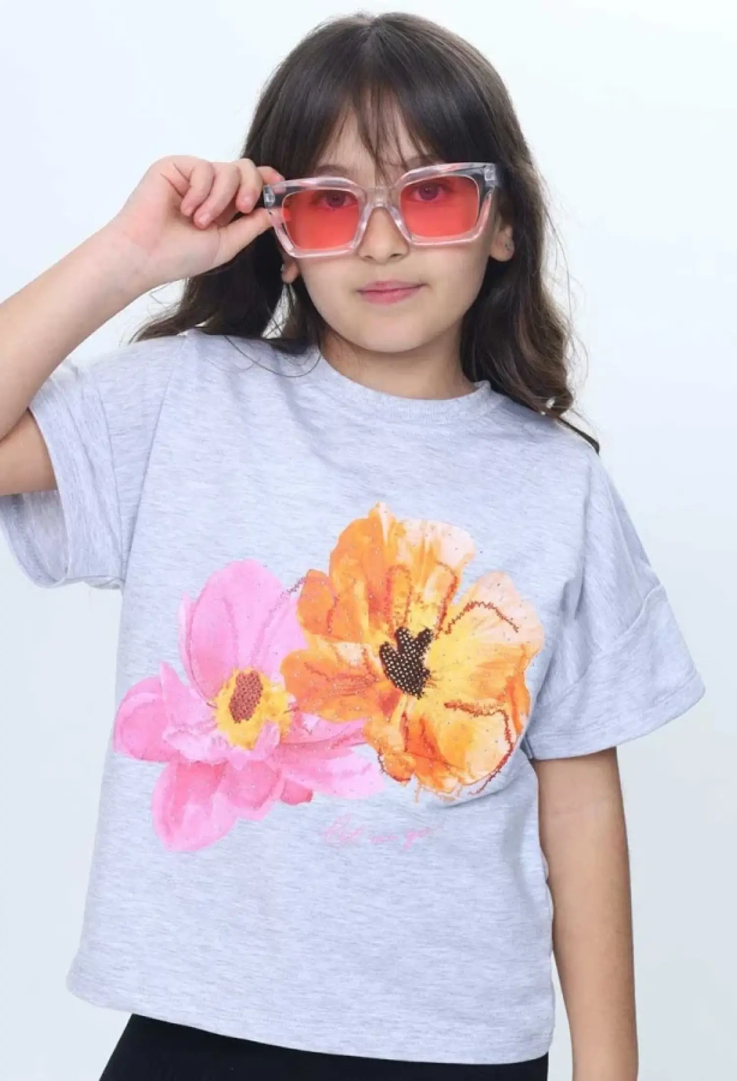 Floral Print Rhinestone Girl T-shirt