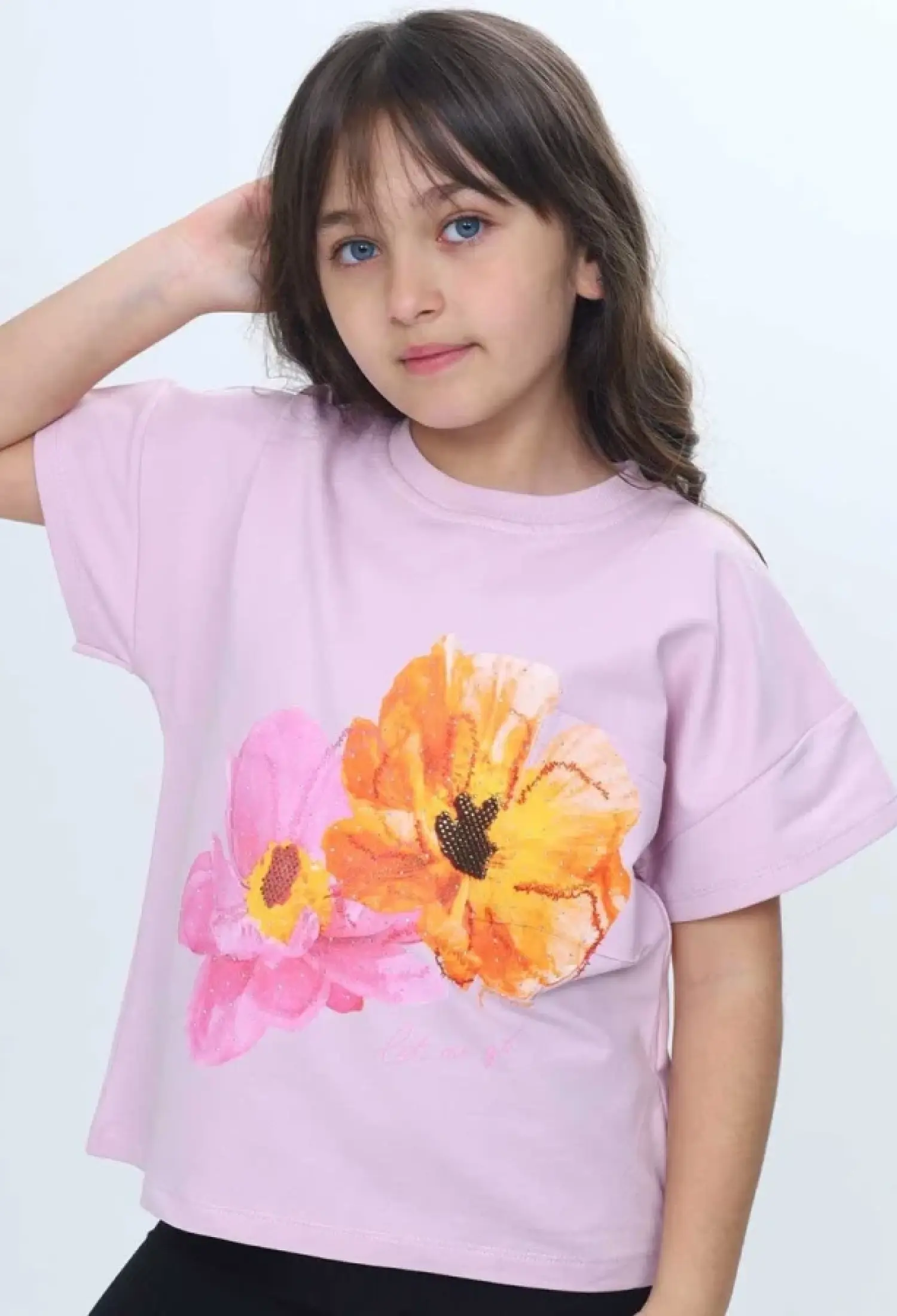 Girl's T-shirt with Flower Print and Stones