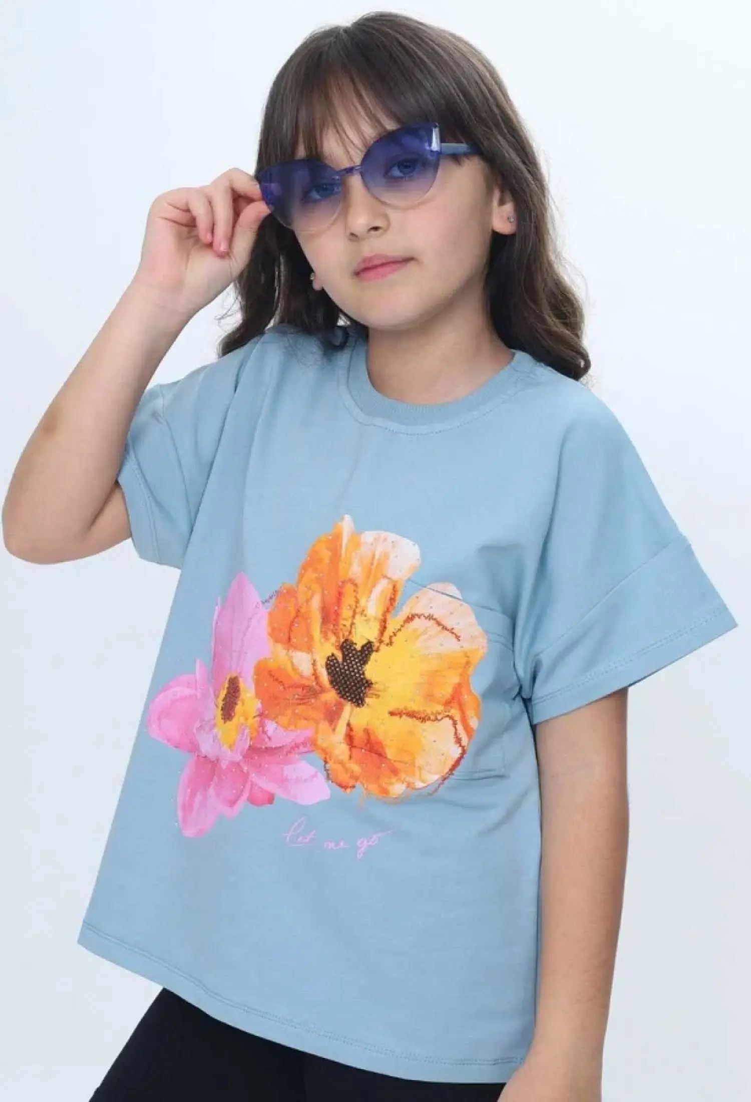 Floral Print Rhinestone Girls' T-shirt