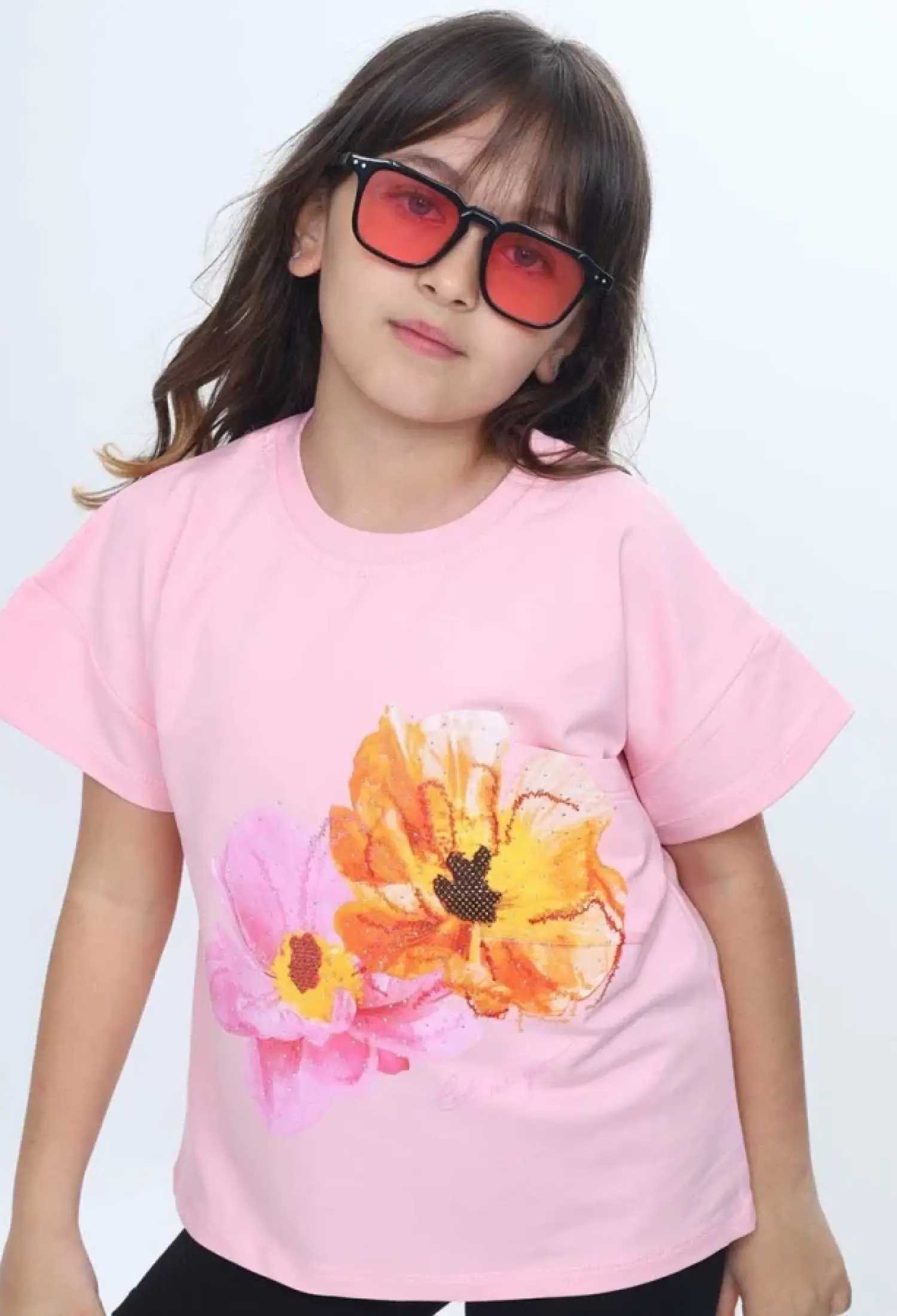 Flower Print Rhinestone Girl T-shirt