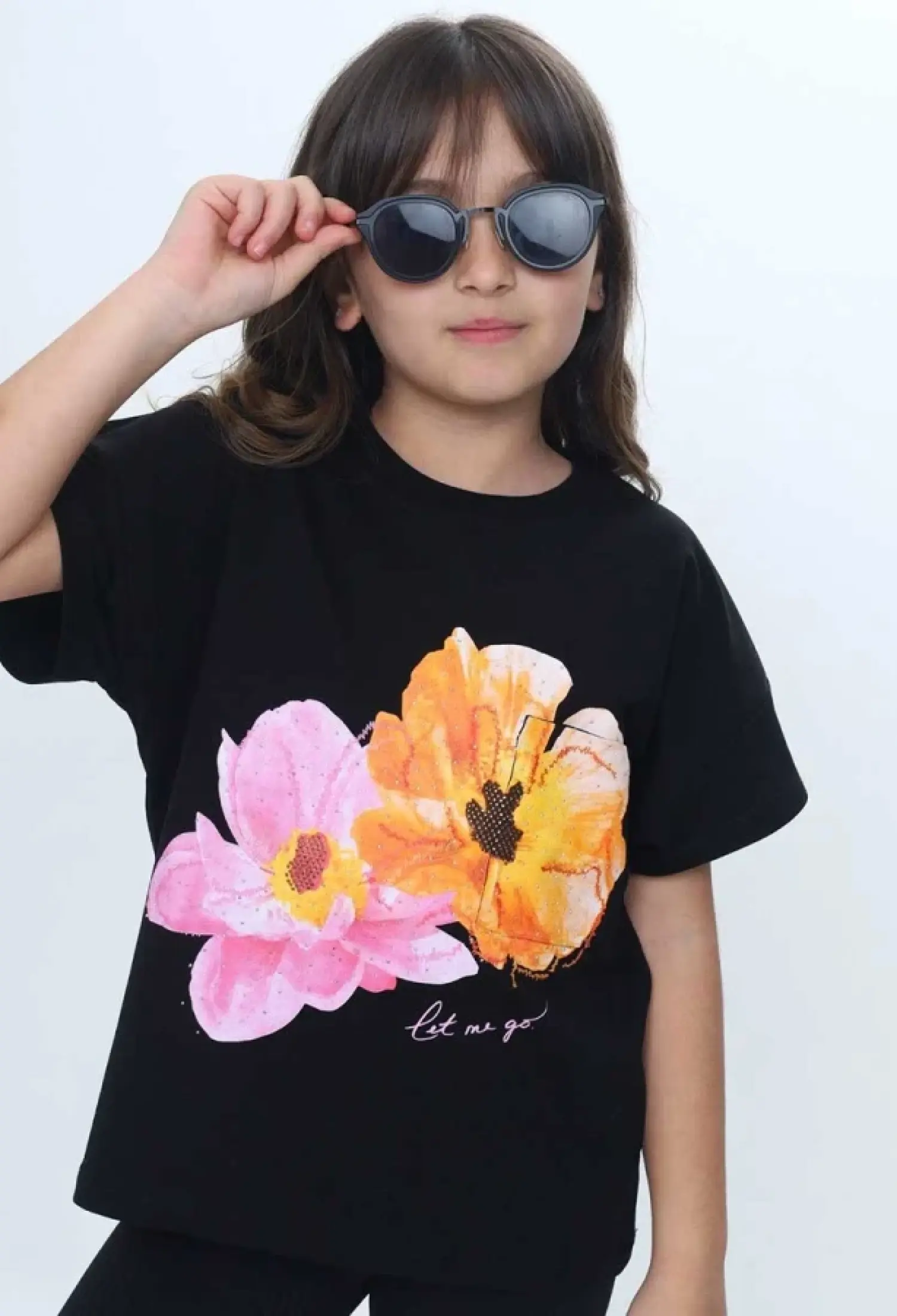 Flower Print Rhinestone Girls' T-shirt