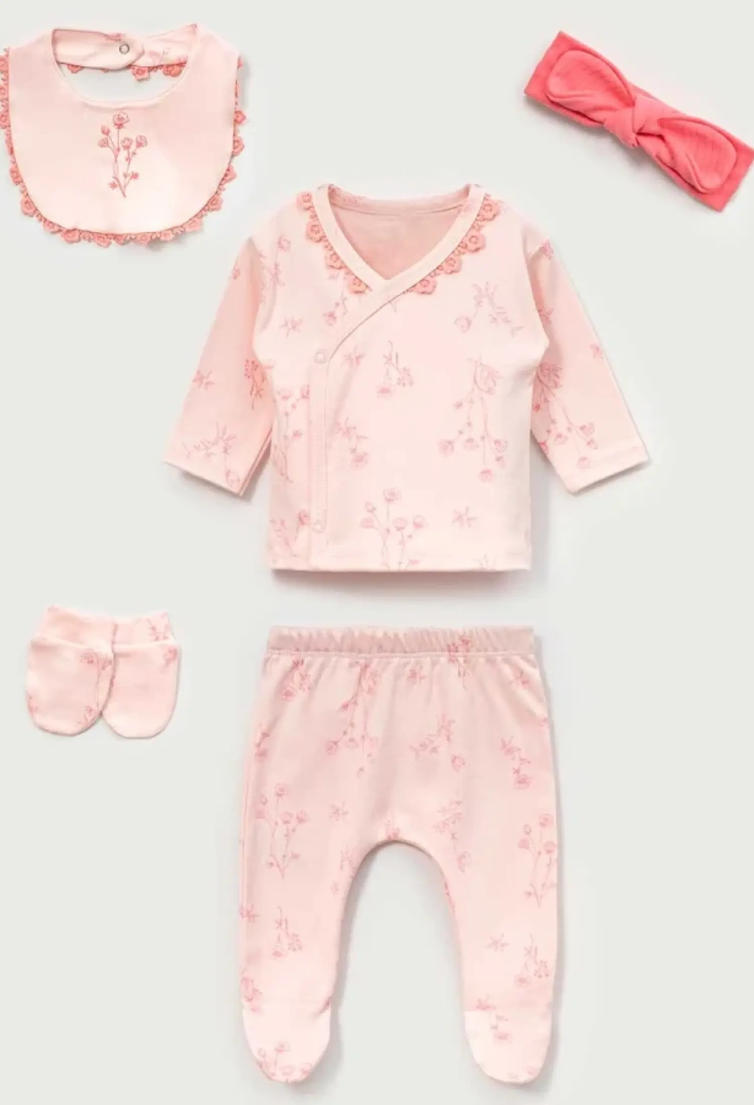 Floral Embroidered 5-Piece Girl Newborn Bodysuit Set